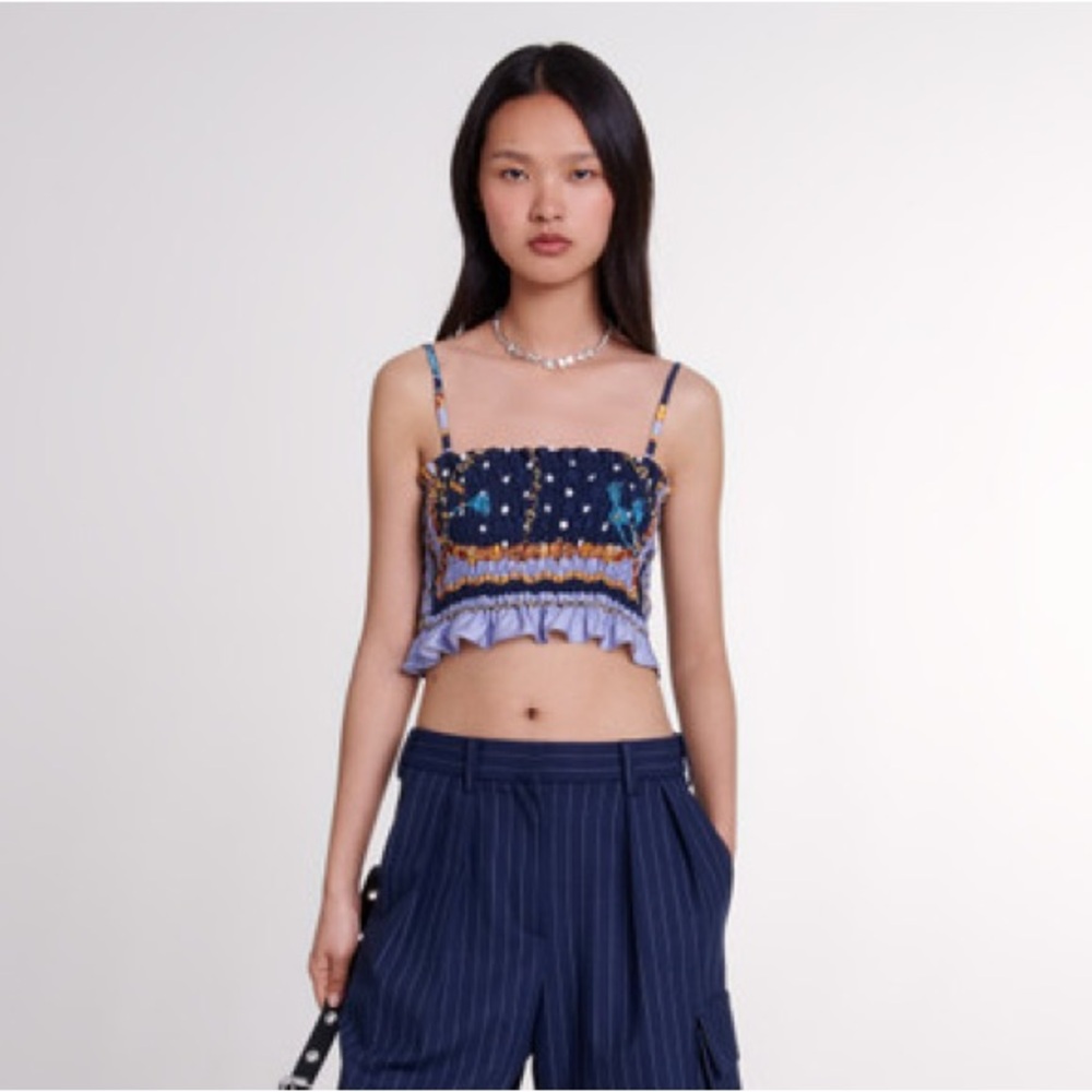 Maje “Lando” Navy and Polka Dot/Chain Pattern Top